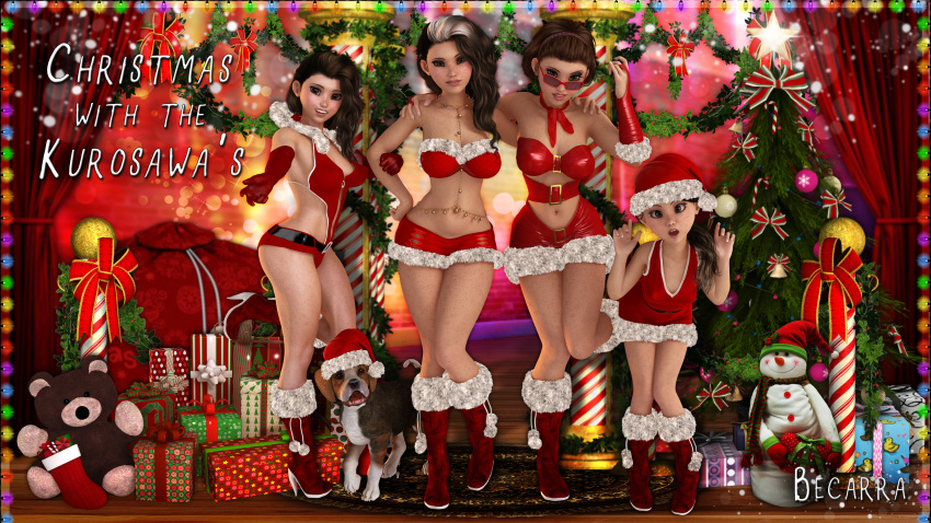 3d 4girls age_difference all_fours arms_up bare_shoulders becarra big_breasts boots bra brown_eyes brown_hair busty canine christmas cleavage curvy daughter detailed_background dress elbow_gloves english_text eyelashes eyeshadow female fingerless_gloves freckles front_view glasses gloves group hat hitomi_kurosawa hourglass_figure human indoors inside leotard long_hair looking_at_viewer makeup mature megumi_kurosawa mihoshi_kurosawa miko_kurosawa milf mother mother_and_daughter multicolored_hair multiple_females multiple_girls open_mouth pose posing red_dress red_gloves room santa_hat shiny shiny_skin short short_hair short_shorts siblings sister sisters skirt small_breasts smiling standing sunglasses teddy_bear text top_hat voluptuous white_hair wide_hips