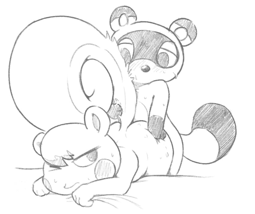 2018 ambiguous_penetration animal_crossing anthro anthro_on_anthro ass ass_up blush blush_sticker canine femboy front_view fur furry half-closed_eyes looking_back looking_down lying male male/male male_only mammal marshal_(animal_crossing) monochrome mouthless nintendo nude on_front one_eye_closed raised_tail rodent sex simple_background somnamg squirrel standing sweat tail_grab tanuki tom_nook