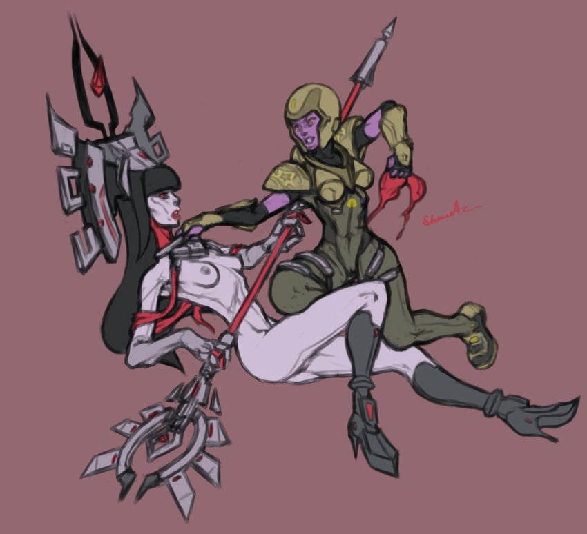 2girls alien ambra_(battleborn) battleborn breasts catfight galilea_(battleborn) high_heel_boots multiple_girls nipples purple_skin