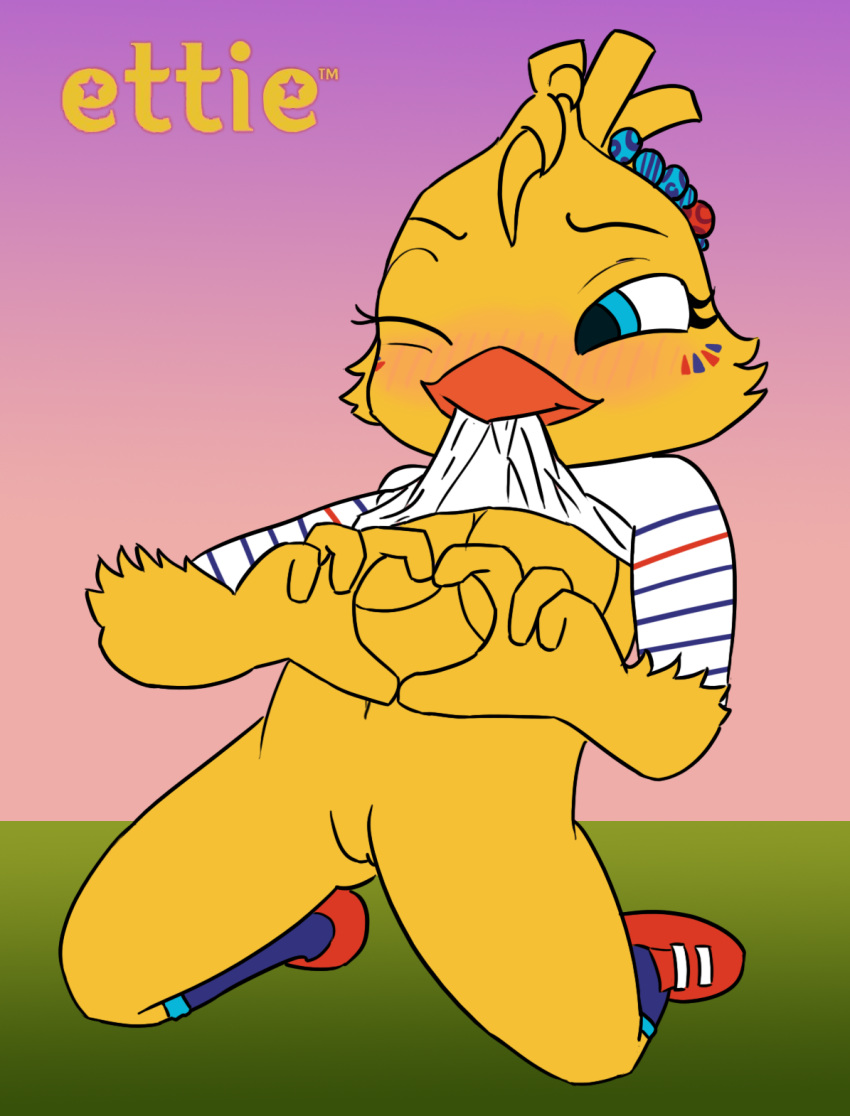 2018 anon232 anthro avian beak bird blue_eyes blush bottomless breasts chicken clothed clothing clothing_lift digital_media_(artwork) ettie feathers female fifa hand_heart heart hi_res kneeling mascot mouth_hold one_eye_closed presenting pussy shirt shirt_lift simple_background soccer solo sport text world_cup yellow_feathers