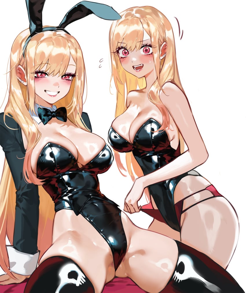 1girls absurdres animal_ears bare_shoulders black_bow black_bowtie black_hairband black_leotard black_sleeves black_thighhighs blonde_hair blush bow bowtie breasts cleavage collar collarbone detached_collar ear_piercing female flying_sweatdrops foolish_potato grin hairband hashtag-only_commentary highres kitagawa_marin large_breasts leaning_back leotard long_hair looking_at_viewer multicolored_hair multiple_views open_mouth panties piercing pink_eyes pink_hair playboy_bunny rabbit_ears red_panties simple_background sitting smile solo_focus sono_bisque_doll_wa_koi_wo_suru spread_legs strapless strapless_leotard sweat teeth thighhighs thighs two-tone_hair underwear white_background white_collar
