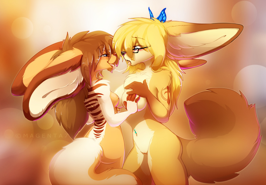 2018 abstract_background anthro ass belly_piercing breasts butterfly_hair_ornament canine chest_tuft embrace eyewear female fennec fluffy fluffy_tail fox glasses hairclip hand_on_breast hi_res inner_ear_fluff kaiyonato kissing licking magenta7 mammal nipples piercing pussy saliva saliva_string tongue tongue_out tuft yuri