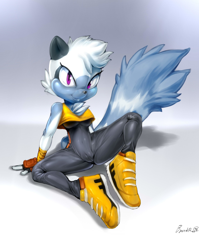 1girls 2018 abs anthro big_tail bodysuit breasts byondrage cameltoe chest_tuft clothed clothing eye_contact female fingerless_gloves footwear fur furry gloves grey_fur hi_res idw_comics idw_publishing jpg lemur looking_at_viewer mammal mobian_(species) multicolored_fur primate purple_eyes sega shirt shoes signature simple_background sitting smile solo sonic_(series) sonic_the_hedgehog_(comics) sonic_the_hedgehog_(idw) sonic_the_hedgehog_(series) spread_legs striped_tail stripes tail tangle_the_lemur tank_top text tight_clothing tuft two_tone_fur watermark white_fur