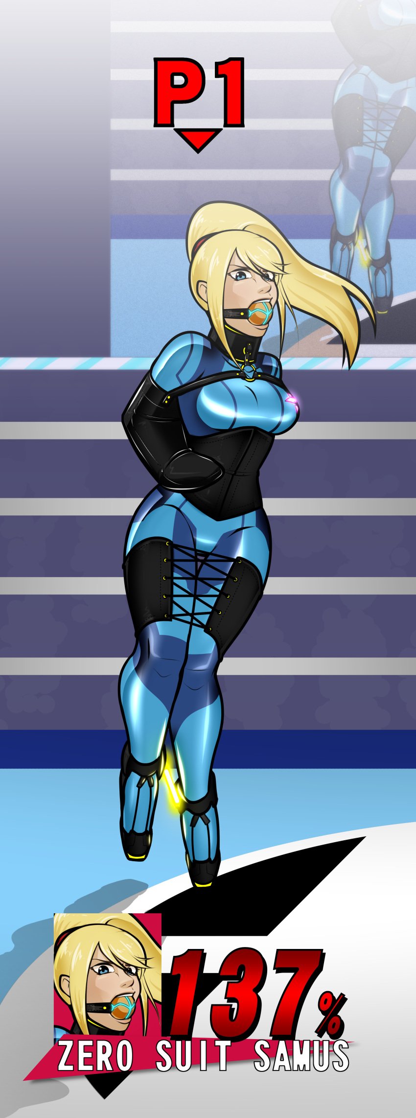 ankle_cuffs armbinder ball_gag bdsm_collar bdsm_gear big_ball_gag big_breasts blonde_hair bondage breasts collar collared corset embellished_ball_gag gag gagged heels latex latex_bodysuit latex_clothing legbinder metroid nintendo ponytail posture_collar samus_aran super_smash_bros. wossarem zero_suit zero_suit_samus