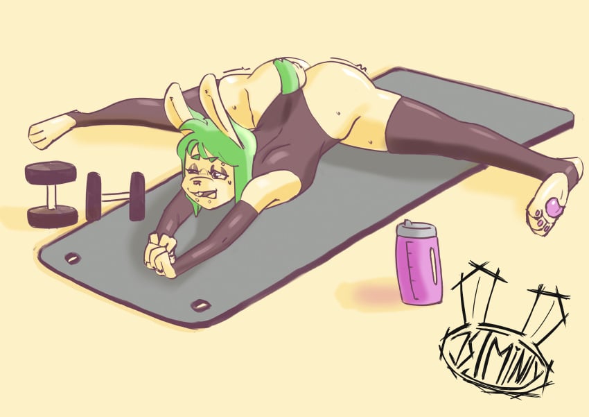 4_fingers absurd_res anthro armwear ass big_ears bodily_fluids bodysuit bottle clothing container exercise eyebrow_piercing facial_piercing feet fingers floor_mat green_hair hair hi_res jstminty lagomorph legwear lip_piercing logo male mammal pawpads piercing scut_tail short_tail simple_background skinsuit snakebite_piercing solo stirrup_legwear stretching sweat tail thigh_highs tight_clothing water_bottle weights workout
