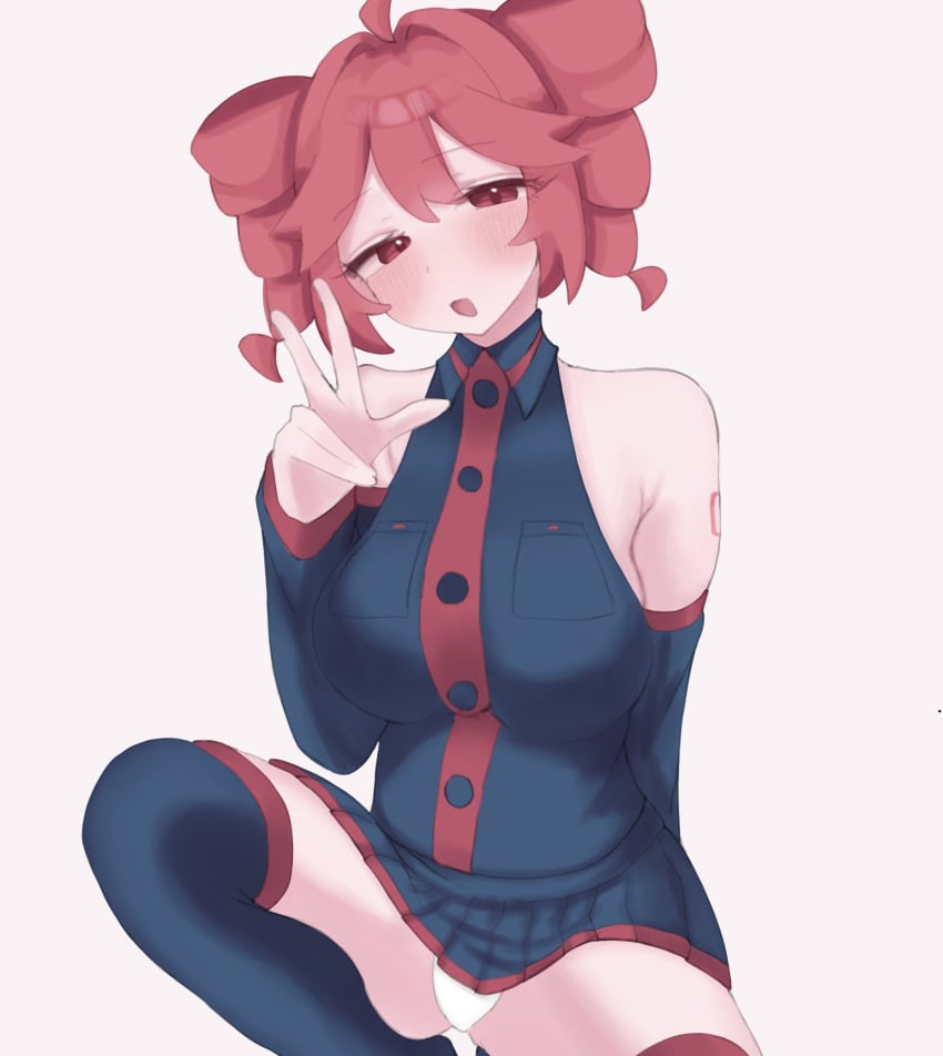1girls 2d 2d_(artwork) ahoge big_breasts blush breasts clothed clothed_female clothing detached_sleeves female female_only kasane_teto kneeling large_breasts open_mouth panties panty_peek pantyshot peace_sign red_eyes red_hair skirt solo solo_female thick_thighs thighhighs thighs twin_drills upskirt ur_(ur_o_) utau white_background white_panties
