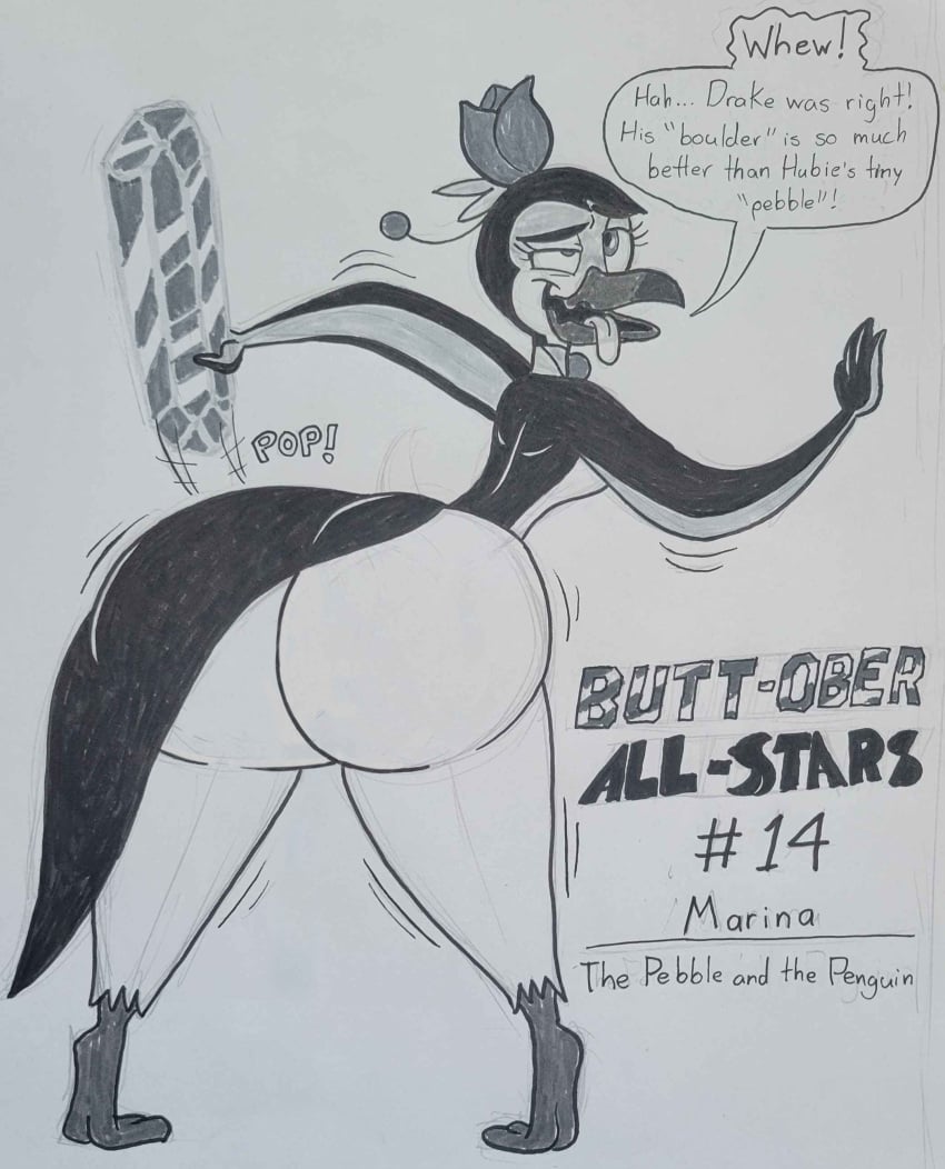 2d 2d_(artwork) 2d_artwork anthro ass ass_bigger_than_head ass_focus avian bent_over big_ass big_butt bird bird_girl black_and_white blu3danny blumoondan boulder bubble_ass bubble_butt crystal dannydukehazard darkmoontoons dialog dialogue don_bluth female furry furry_female marina_(the_pebble_and_the_penguin) penguin penguin_girl rock tagme the_pebble_and_the_penguin thick thick_ass thick_hips thick_thighs traditional_art traditional_media traditional_media_(artwork)