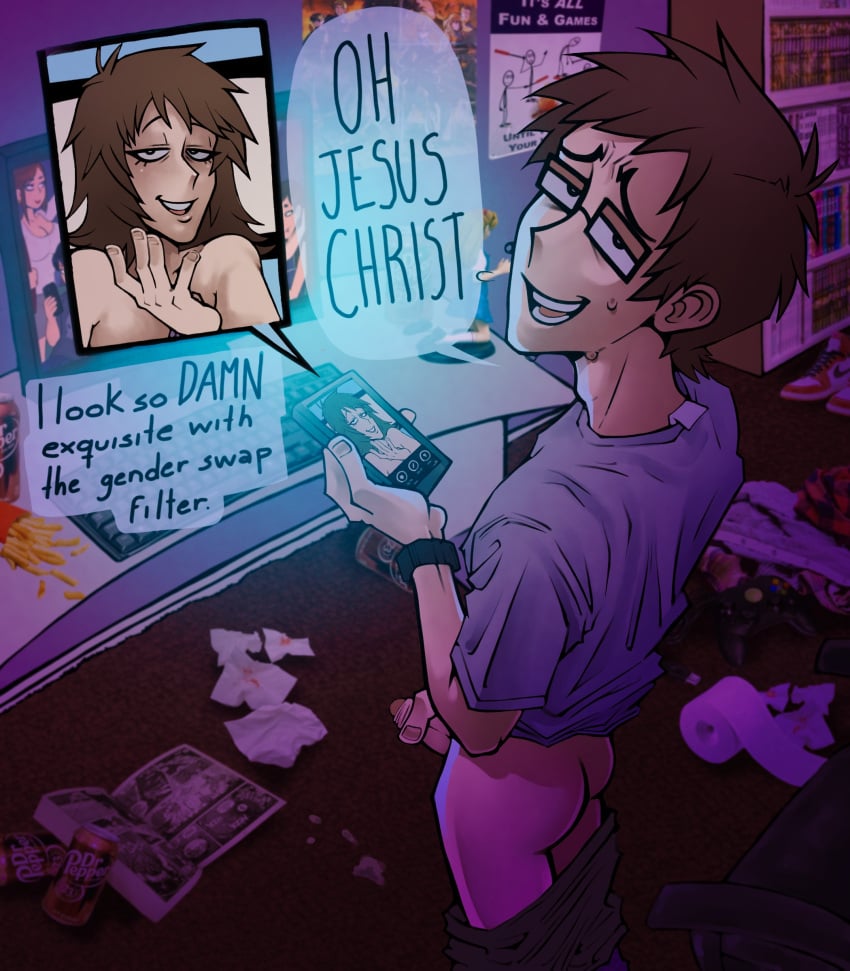 1boy brown_hair dork_nokia dr_pepper funny geek genderswap_(mtf) glasses incel jerking jerkingoff loser nerd oc original_character pathetic_male penis penis_out semi_nude white_skin