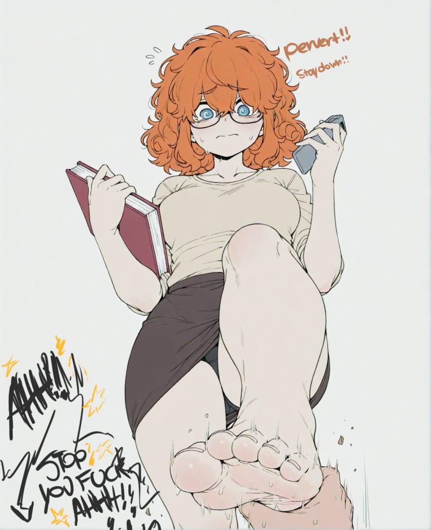 1boy @_@ ai_assisted barefoot black_panties blue_eyes blush book breasts brown_skirt cellphone closed_mouth curly_hair english_text feet female flying_sweatdrops foot_focus foreshortening freckles glasses hair_between_eyes holding holding_book holding_phone medium_hair messy_hair orange_hair panties pantyshot pencil_skirt phone pov shirt simple_background skirt smartphone soles solo_focus sondu sweat sweatdrop toenails toes underwear white_background