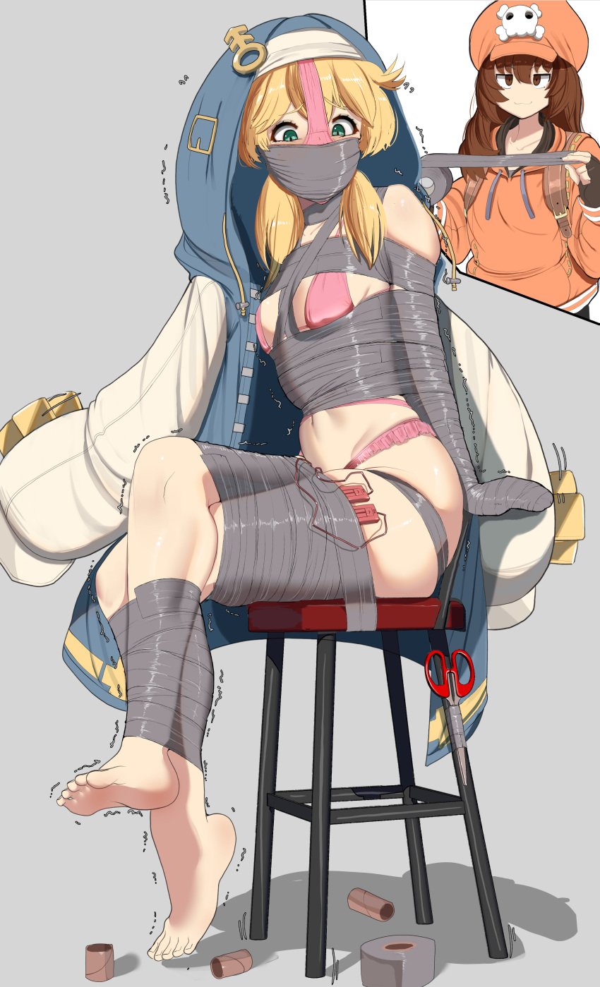2d 2d_(artwork) arms_behind_back bagelbomb blush bondage bound bra bridget female female_focus femdom femsub gag gagged guilty_gear guilty_gear_strive looking_at_viewer may_(guilty_gear) panties pantyhose pink_panties tape tape_bondage trans_woman transfem vibrator