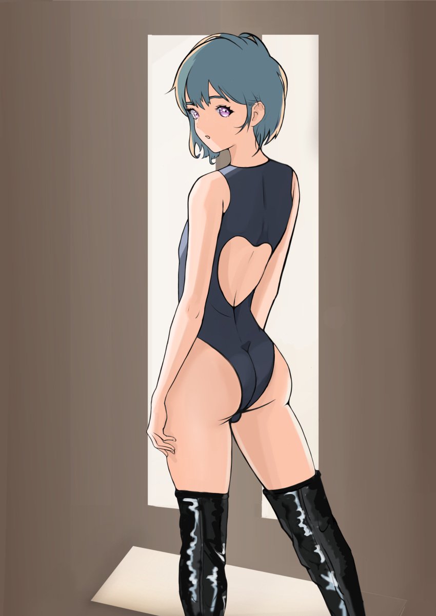 blue_hair bodysuit boots femboy looking_back short_hair simple_background solo standing swimsuit thin