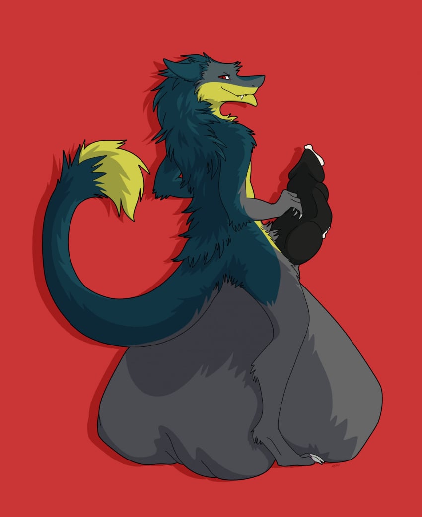 animal_genitalia anthro bodily_fluids brom_(sahurus) claws cock_vore cum fangs fur genital_fluids genitals green_body green_fur grey_body grey_fur hi_res hyper hyper_genitalia leaking_cum looking_at_viewer male penile penis rear_view red_eyes sergal smile smiling_at_viewer smirk smirking_at_viewer solo tail tail_tuft teeth tuft unfortunatelyalive vore yellow_body yellow_fur
