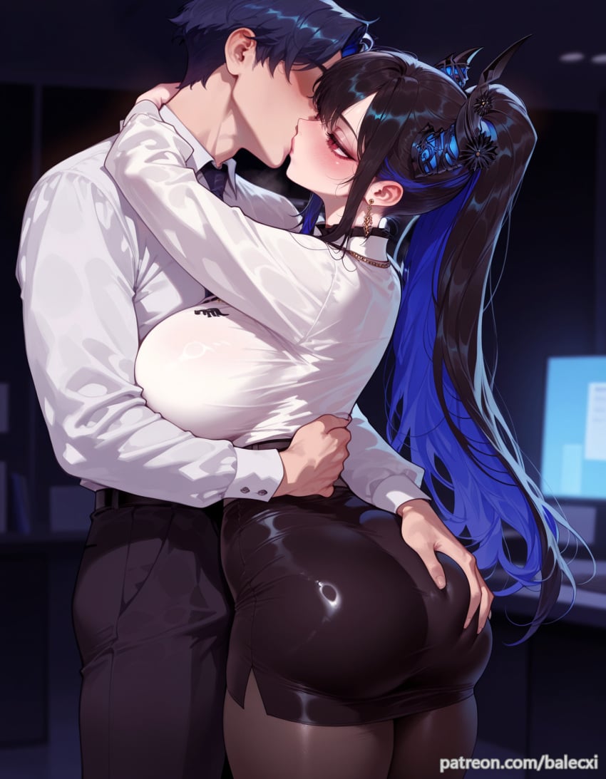 1boy ai_generated ass ass_grab balecxi black_hair black_skirt blue_hair blush colored_inner_hair demon_horns faceless_male female french_kiss hololive hololive_english hololive_english_-advent- large_breasts long_hair male mole multicolored_hair nerissa_ravencroft office_lady pantyhose patreon_username pencil_skirt ponytail red_eyes straight two-tone_hair virtual_youtuber white_shirt