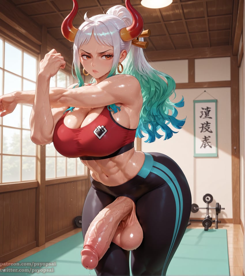 1futa abs ai_generated artist_name big_penis clothed clothing colored curvy digital_media_(artwork) erect_penis erection from_below front_view futa_only futanari gym huge_cock intersex legs_together long_hair muscles muscular muscular_futanari muscular_thighs one_piece penis psyopsai solo solo_focus stretching sweaty thighs tight_clothing tight_fit uncensored watermark white_hair workout yamato_(one_piece) yoga_pants