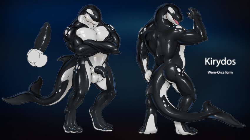 3_toes 5_fingers anthro ass back_muscles balls bedroom_eyes biceps big_muscles biped black_claws black_penis black_skin black_tail blue_eyes cetacean claws countershade_face countershade_torso countershading crossed_arms digital_media_(artwork) digitigrade dorsal_fin erection feet fin flaccid flexing front_view gradient_background grin half-closed_eyes humanoid_hands looking_at_viewer looking_back male mammal manly marine model_sheet multicolored_skin multiple_poses muscular muscular_male open_mouth open_smile orca pecs penis pink_tongue pose rakisha rear_view seductive sharp_teeth shiny simple_background smile solo spots spotted_skin tail_fin teeth text toe_claws toes tongue two_tone_skin vein veiny_penis whale white_balls white_countershading white_skin white_spots white_tail