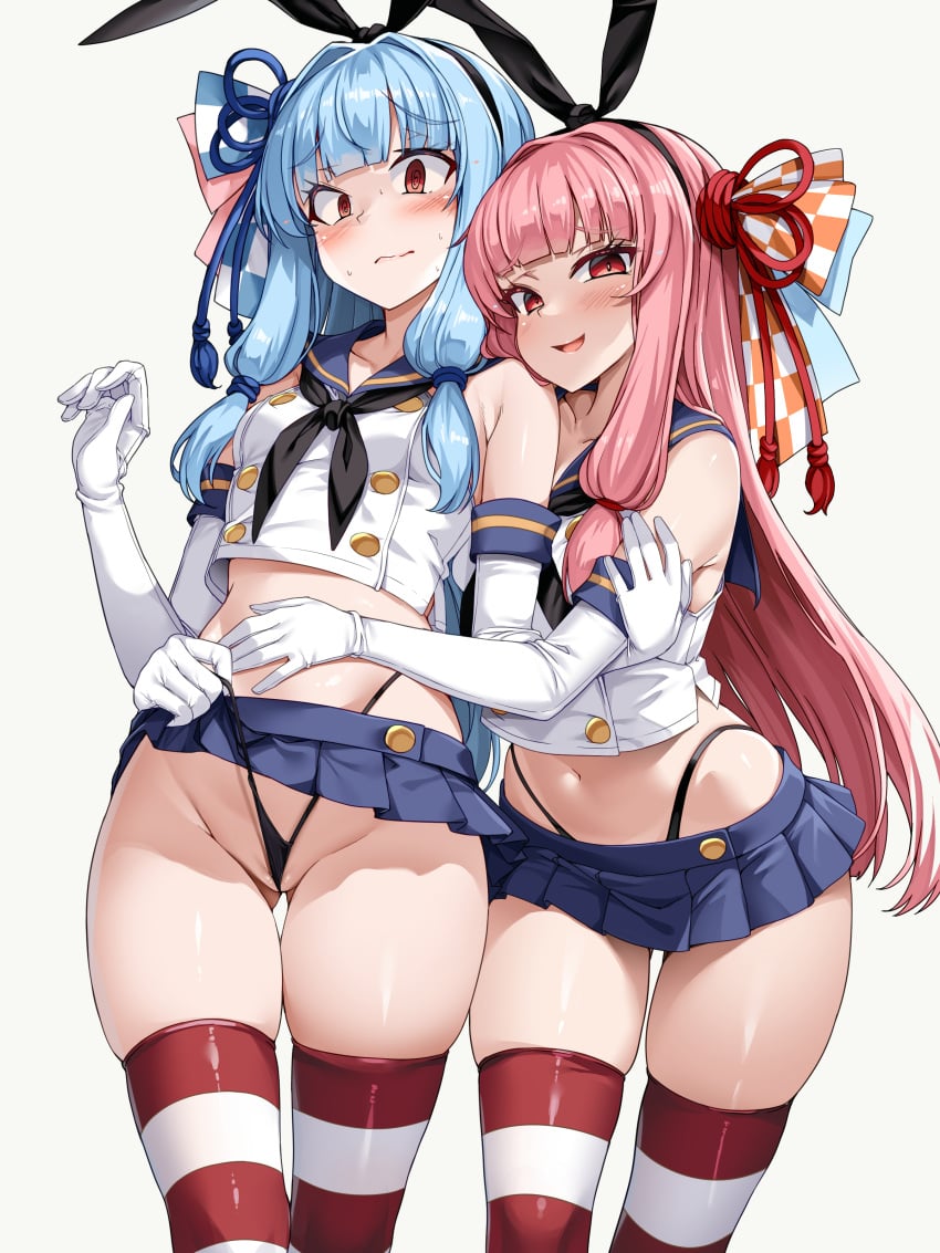 2girls absurdres black_panties blue_hair blue_sailor_collar blue_skirt blunt_bangs blush breasts closed_mouth commentary_request cosplay detached_sleeves embarrassed female gloves grey_background hair_ornament hair_ribbon hand_on_another's_hip highleg highleg_panties highres kantai_collection kotonoha_akane kotonoha_aoi long_hair looking_at_viewer miniskirt multiple_girls navel open_mouth panties pink_hair pleated_skirt purple_eyes red_eyes ribbon sailor_collar school_uniform serafuku shimakaze_(kancolle) shimakaze_(kancolle)_(cosplay) shirt siblings sidelocks simple_background sisters skirt small_breasts smile striped_clothes striped_thighhighs thighhighs thong torisan underwear voiceroid wedgie white_gloves white_shirt