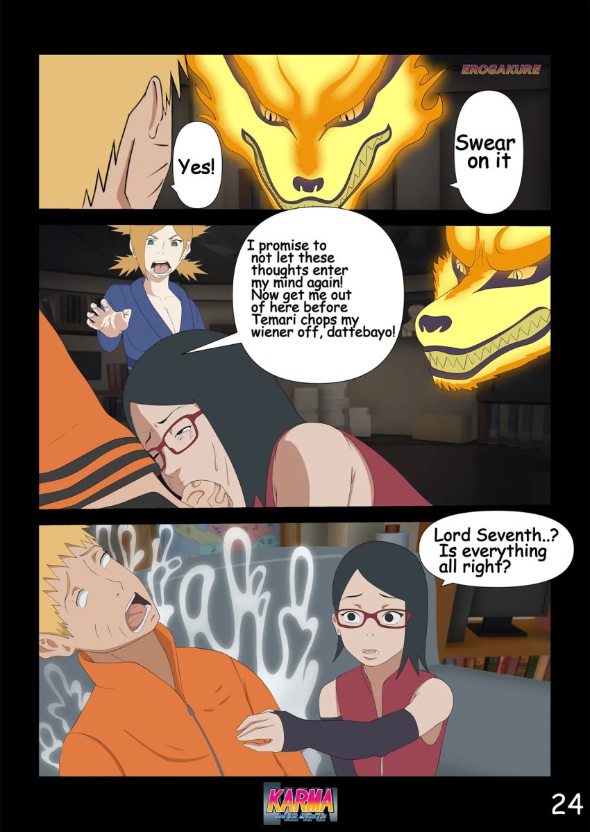 adult_and_teenager ahe_gao black_hair blowjob boruto:_naruto_next_generations clothed clothed_sex comic comic_page crying crying_with_eyes_open cum cum_in_mouth cum_inside daydream deepthroat doujinshi english_dialogue english_text erogakure fellatio glasses height_difference kurama naruto naruto_(series) oral oral_sex sarada_uchiha short_hair sweating teenage_girl teenager temari text text_bubble uzumaki_naruto waking_up