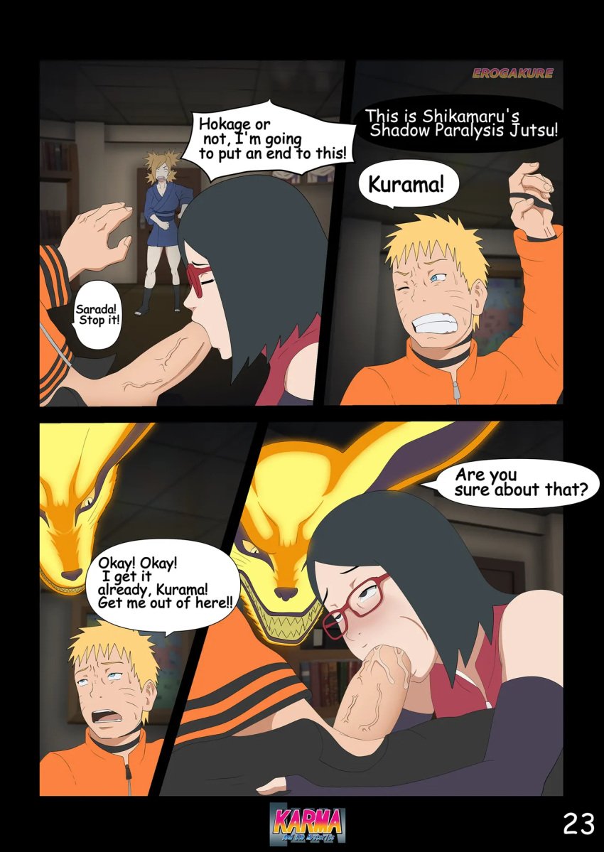 adult_and_teenager ahe_gao audience black_hair blowjob boruto:_naruto_next_generations clothed clothed_sex comic comic_page cum cum_in_mouth cum_inside daydream deepthroat doujinshi english_dialogue english_text erogakure fellatio glasses height_difference kurama naruto naruto_(series) oral oral_sex sarada_uchiha short_hair teenage_girl teenager temari text text_bubble uzumaki_naruto