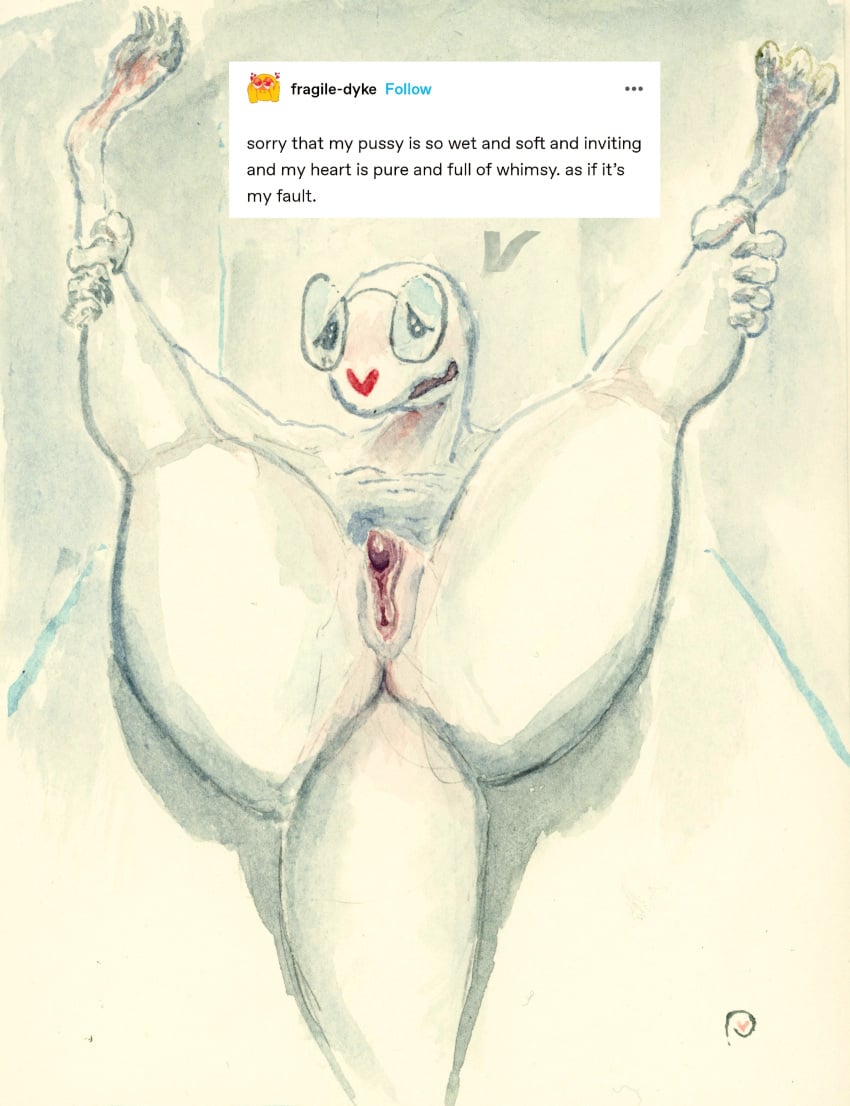 absurd_res anthro anus ass big_clitoris blush clitoris eyewear female fragile_(fragilescales) fragilescales genitals glasses heart_symbol hi_res holding_both_legs legs_in_air legs_up meme painting_(artwork) presenting presenting_pussy pussy reptile scalie snake solo speech_bubble spread_legs spreading tail text traditional_media_(artwork) watercolor_(artwork) wearing_glasses