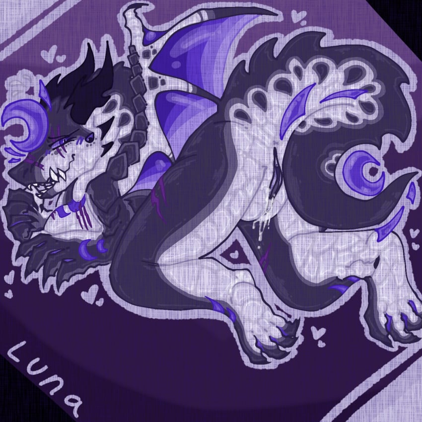 1:1 all_fours anonymous_artist anthro anus arched_back bodily_fluids breasts character_name claws cum dragon female genital_fluids genitals heart_symbol hi_res horn leaking_cum looking_back mythological_creature mythological_scalie mythology open_mouth presenting presenting_pussy purple_body purple_eyes purple_scales pussy scales scalie scar solo tail teeth text vaginal_fluids white_body white_scales wings x_anus
