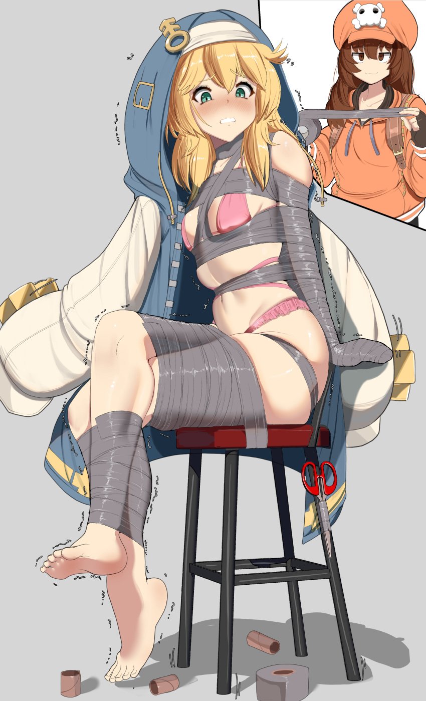 2d 2d_(artwork) 2girls androgyne_symbol androgynous arms_behind_back bagelbomb blush bondage bound bra bridget fanon_couple female female_focus femdom girly guilty_gear guilty_gear_strive looking_at_viewer may_(guilty_gear) panties pantyhose pink_panties tape tape_bondage teenager trans_woman transfem