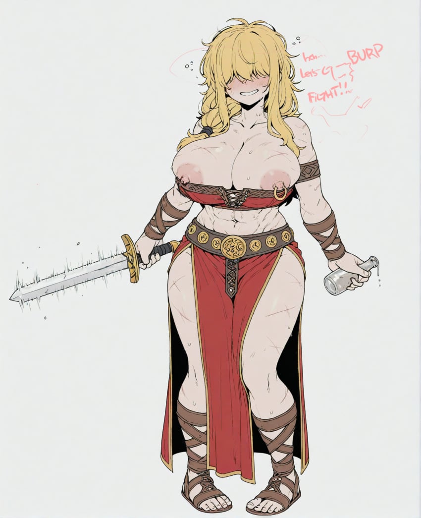 abs ai_assisted ai_generated bangs bare_shoulders belt blonde_hair blush bottle breasts cleavage collarbone covered_eyes drunk english_text female full_body gladiator_sandals grin hair_over_eyes holding holding_bottle holding_sword holding_weapon huge_breasts large_breasts loincloth long_hair messy_hair muscular muscular_female navel nipple_piercing nipple_slip nipples pelvic_curtain piercing revealing_clothes sandals scar scar_on_arm scar_on_leg scar_on_stomach simple_background smile solo sondu standing sweat sword weapon white_background