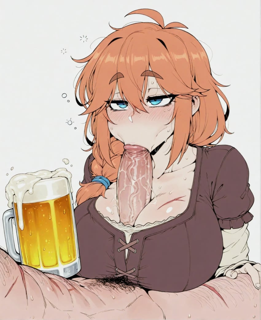 1boy :>= ai_generated alcohol beer beer_mug blue_eyes blush braid breasts cleavage clothed_female_nude_male cum cup drunk fellatio grey_background hair_between_eyes holding holding_cup large_breasts long_hair long_sleeves male_pubic_hair mug nude oral orange_hair paizuri paizuri_under_clothes penis pov pubic_hair re:zero_kara_hajimeru_isekai_seikatsu1girl scar scar_on_chest simple_background solo_focus sondu straight stray_pubic_hair sweat thick_eyebrows uncensored veins veiny_penis viking viking_female white_background