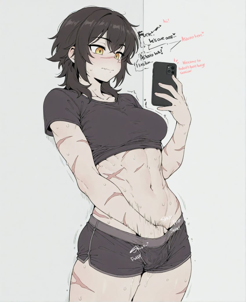 abs ai_assisted ai_generated black_hair black_shirt black_shorts blush breasts cellphone closed_mouth clothes_lift cowboy_shot crop_top dolphin_shorts english_text female female_masturbation fingering grey_background hand_in_panties hand_under_clothes holding holding_phone looking_at_phone masturbation medium_breasts midriff muscular muscular_female navel panties phone scar scar_on_arm scar_on_cheek scar_on_chest scar_on_face scar_on_stomach scars selfie shirt short_hair short_shorts short_sleeves shorts simple_background smartphone solo sondu sweat t-shirt tomboy underwear wolf_cut yellow_eyes