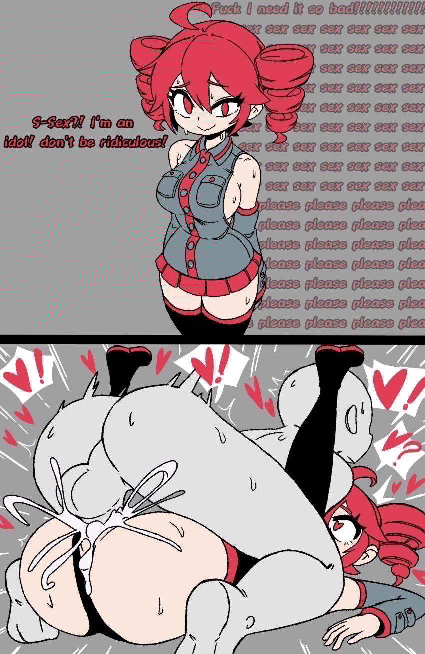 1boy 1girls 2d 2d_(artwork) absolute_territory ahoge anon anonymous_male aroused aroused_face ass balls_deep big_ass big_breasts bodily_fluids breasts cum cum_in_pussy cum_inside curvy curvy_female detached_sleeves english_text faceless_male female grey_background heart-shaped_pupils heart_eyes heart_symbol hearts horny horny_female hourglass_figure huge_breasts instant_loss instant_loss_2koma internal_monologue kasane_teto large_ass large_breasts looking_at_viewer looking_pleasured loving_it male mating_press microskirt miniskirt panties panties_aside pussy red_eyes red_hair self_upload sex sideboob skirt slim_waist straight sweat sweating text thick_thighs thighhighs thoughts twin_drills unepicroachy utau vaginal_penetration vaginal_sex wip y/n