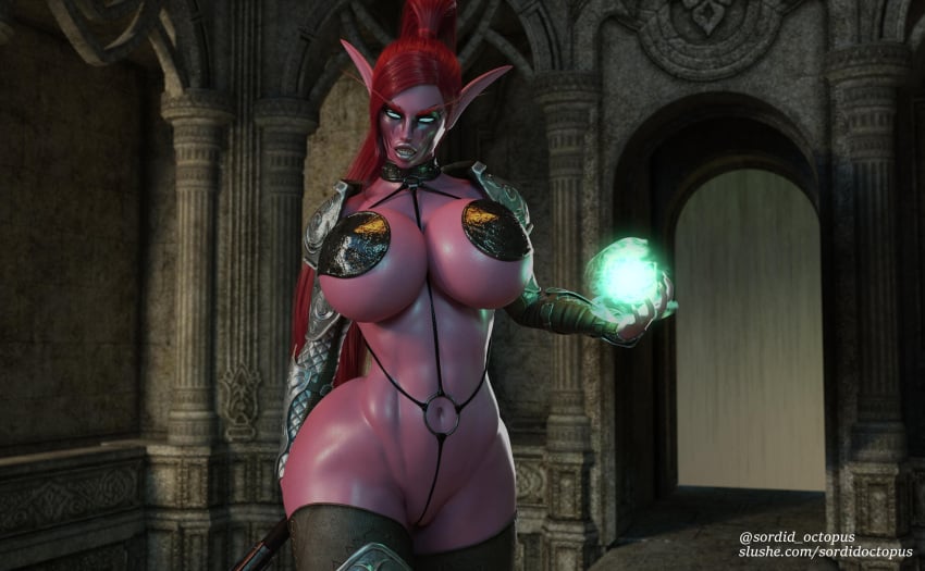 3d 3d_(artwork) aetyra_irsidal armor armored_female death_knight death_knight_(warcraft) glowing_eyes night_elf night_elf_death_knight night_elf_female purple_body purple_skin purple_skinned_female red_hair red_hair_female sordidoctopus warcraft world_of_warcraft