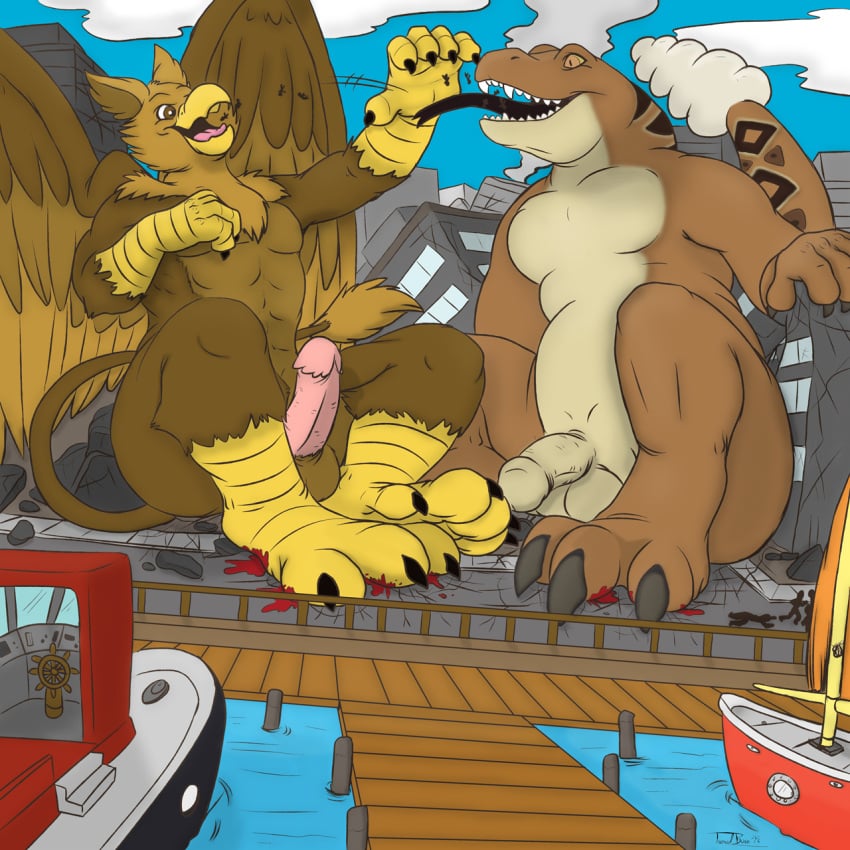 3_toes 4_toes 5_fingers abs anthro avian balls beak belly blood bodily_fluids brown_body building building_destruction carpo city city_background city_destruction cityscape claws colored destruction duo eating erection extreme_size_difference feathered_wings feathers feeding feet finger_claws fingers genitals gryphon harbor hi_res humanoid_genitalia humanoid_penis macro macro_anthro macro_male male muscular muscular_anthro muscular_male mythological_avian mythological_creature mythology nude obese open_mouth orenthes overweight pawpads paws pecs penile penis pyronite(commissioner) reptile scalie ship sitting size_difference smile snake tail teaselbone teeth toe_claws toes tongue tongue_out vehicle water watercraft wings