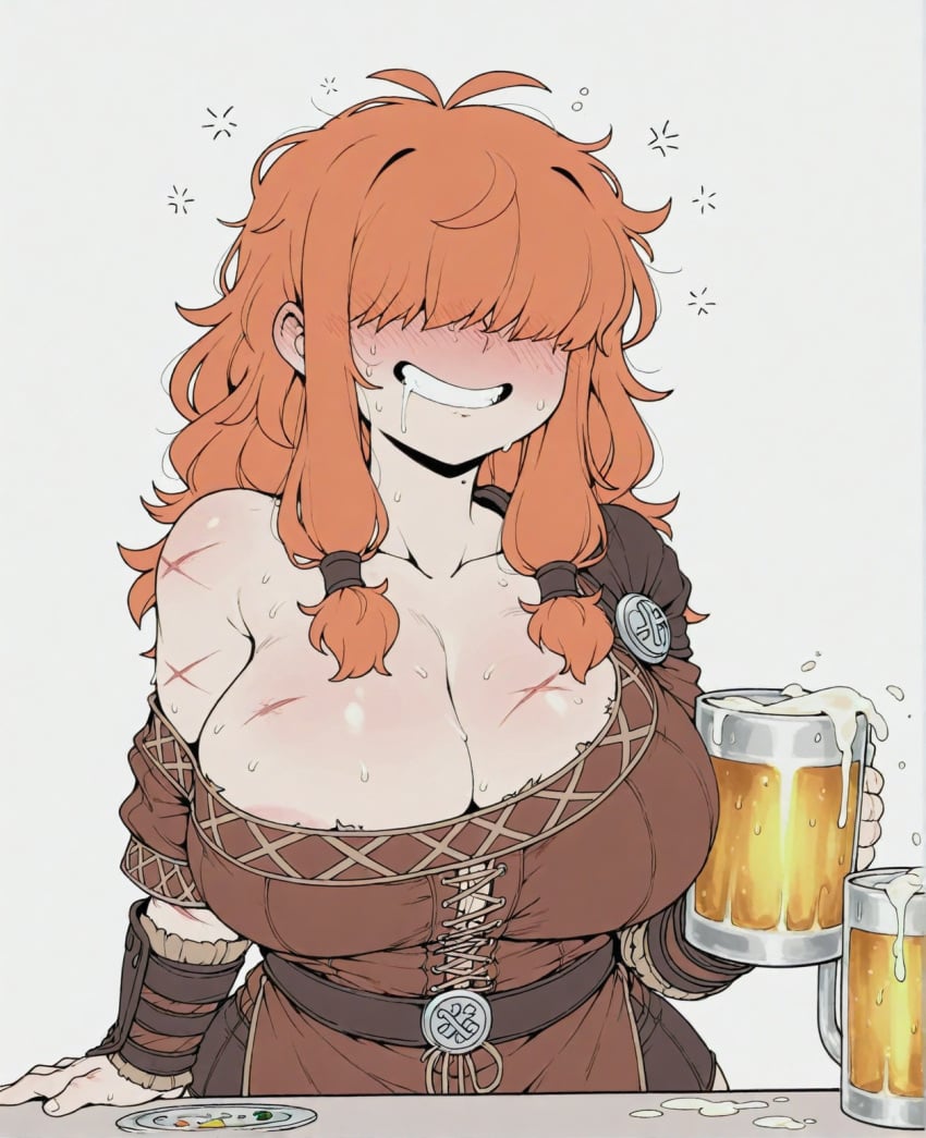 ai_generated alcohol areola_slip bare_shoulders beer beer_mug belt blush breasts cleavage collarbone covered_eyes cup dress drooling drunk female food grey_background grin hair_over_eyes holding holding_cup huge_breasts large_breasts long_hair messy_hair mug orange_hair saliva scar scar_on_arm scar_on_chest sidelocks simple_background smile solo sondu sweat