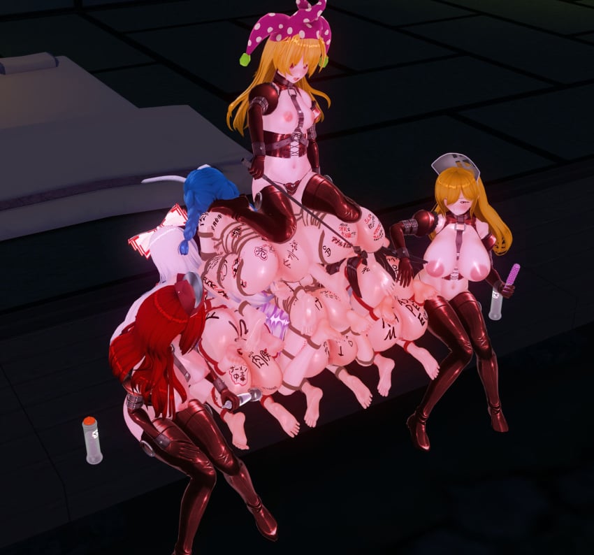 3d ass blindfold body_writing bondage captured chinkaigyogyo clownpiece damsel_in_distress fujiwara_no_mokou gag hecatia_lapislazuli junko_(touhou) kaguya_houraisan keine_kamishirasawa multiple_girls touhou