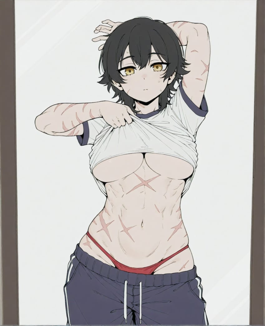 abs ai_assisted ai_generated arm_up bangs black_hair breasts closed_mouth clothes_lift clothes_pull cowboy_shot female gym_uniform hair_between_eyes large_breasts lifted_by_self looking_at_viewer muscular muscular_female navel panties pants red_panties scar scar_on_arm scar_on_chest scar_on_face scar_on_stomach shirt shirt_lift short_hair short_sleeves shorts simple_background solo sondu stomach sweat sweatdrop track_pants underboob underwear white_background white_shirt yellow_eyes