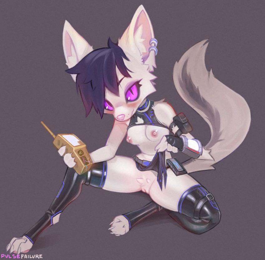 accessory adra_(tiddles) anthro arm_pouch armwear black_sclera blush bottomwear breasts canid canine cheek_tuft clothed clothing clothing_lift digitigrade ear_piercing electronics exposed_breasts facial_tuft fennec_fox fluffy fluffy_tail fox fur genitals hair inner_ear_fluff legwear loincloth mammal maridiansnack piercing pink_nose pulsefailure purple_eyes pussy screwdriver stockings tail thigh_highs tools true_fox tuft white_body white_fur