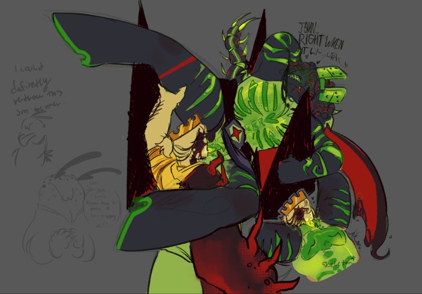 1x1x1x1_(forsaken) 1xdoe black_skin cape centipede_tail crown eating_pussy forsaken_(roblox) fully_clothed green_body held_up john_doe_(forsaken) lobster_claw repost spikes stuck tagme transparent_body tspmo visible_skeleton zipper_mouth