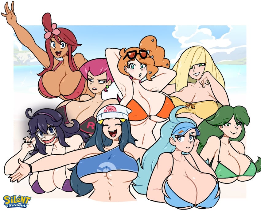 8girls artist_name artist_signature beach_wear big_breasts bikini_top cheryl_(pokemon) cleavage_overflow color_wheel_challenge dawn_(pokemon) female hex_maniac jessie_(pokemon) kahili_(pokemon) lusamine_(pokemon) nintendo pokemon silenttandem simple_background skyla_(pokemon) sonia_(pokemon) sunglasses tagme white_border