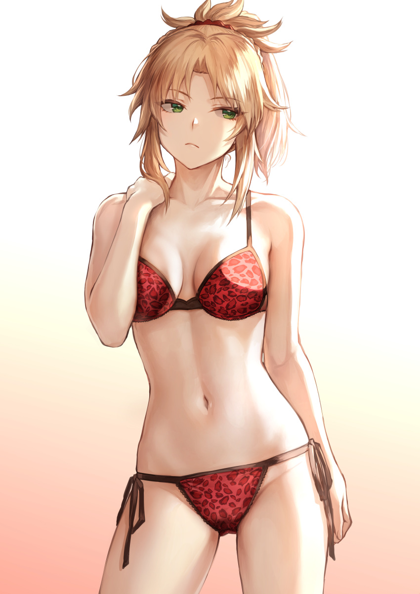 1girls black_and_red_bra black_and_red_lingerie black_and_red_panties blonde blonde_eyebrows blonde_eyelashes blonde_female blonde_hair blonde_hair_female bra breasts breasts_apart fate/grand_order fate_(series) female green_eyes lingerie looking_at_viewer mashu_003 mordred_(fate) mordred_(swimsuit_rider) panties picot_trim picot_trim_bra picot_trim_lingerie picot_trim_panties pinup red_lingerie red_panties side-tie_panties solo solo_female tagme underwear