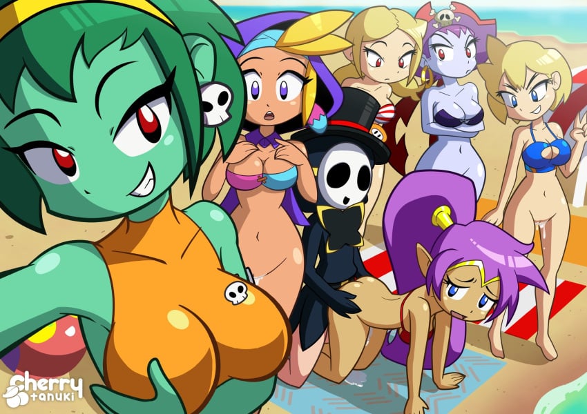 1boy 6girls after_sex all_fours anti_groove blonde_hair blue_skin bottomless cherry_tanuki cum_in_pussy doggy_style female green green_hair green_skin group group_sex long_hair male multiple_girls pirate_hat ponytail purple_hair red_eyes risky_boots shantae shantae_(character) sky_(shantae) twitch_(shantae) vinegar_(shantae) waiting_for_turn wayforward