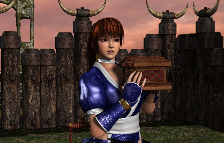 1girls 3d blue_kimono box breasts brown_eyes brown_hair cleavage dead_or_alive female furbs3d high_ponytail kasumi_(doa) katana kimono kunoichi large_breasts