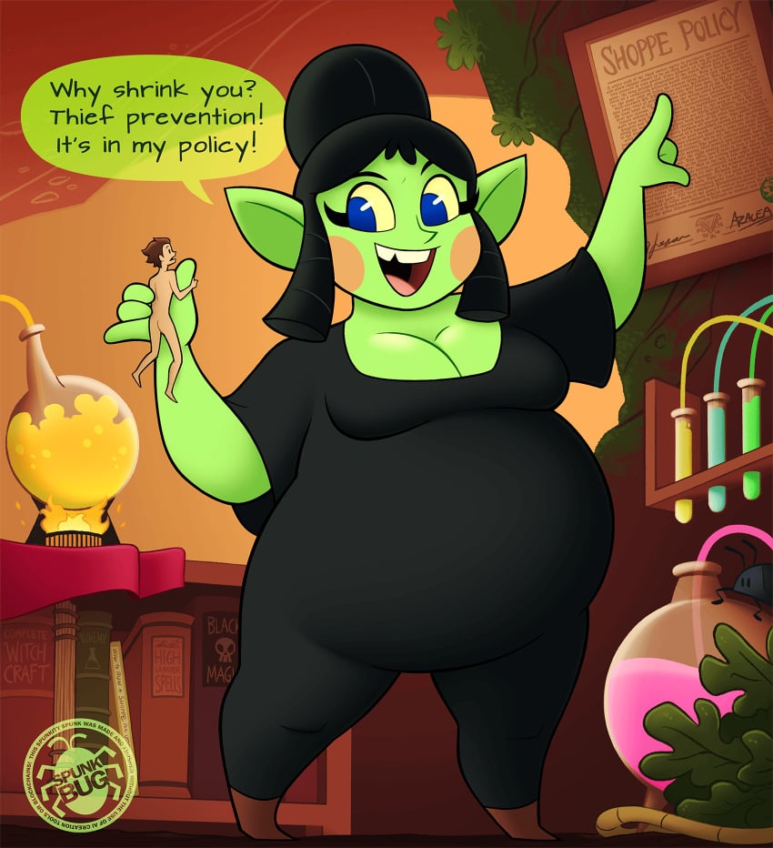 azalea big_female_small_male black_hair blue_eyes boob_window chubby_female deviantart digital_drawing_(artwork) english_text female giantess gobbo_(spunkbug) goblin goblin_female goblin_girl green_skin holding_person larger_female male male_human/female_goblin naked_male newgrounds newgrounds_link orange_cheeks original_character pointy_ears potion potion_bottle potions shopkeeper shrinking shrunken_male size_difference smaller_male text thespunkbug
