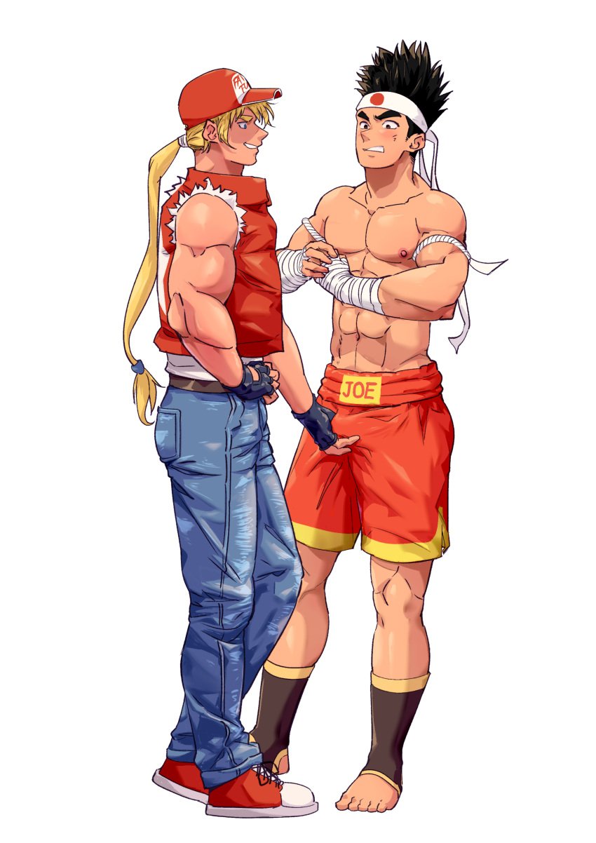 2020 2boys bulge fully_clothed grabbing_bulge joe_higashi king_of_fighters lighthowl male male_only snk tagme terry_bogard video_games