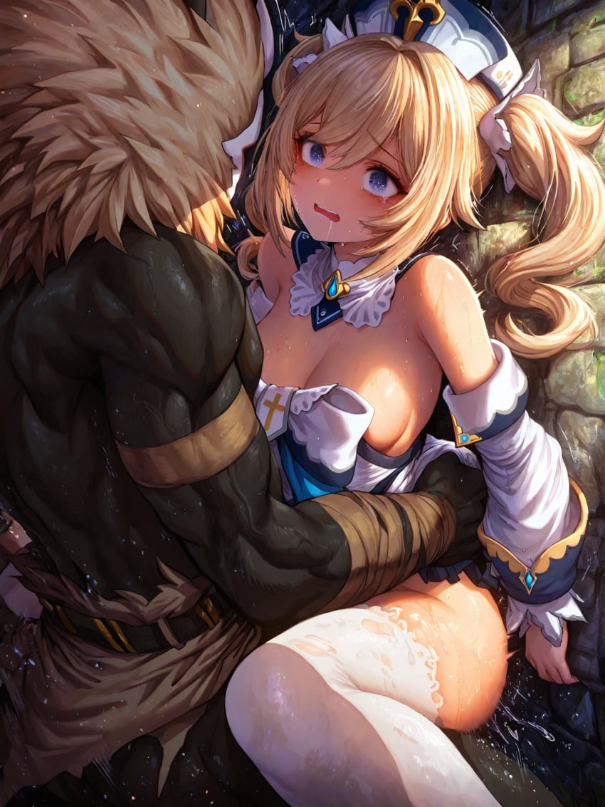 1boy 1girls ai_generated barbara_(genshin_impact) crying crying_with_eyes_open doggy_style female forest genshin_impact hilichurls_(species) interspecies male open_mouth rape raped sex tears torn_clothes