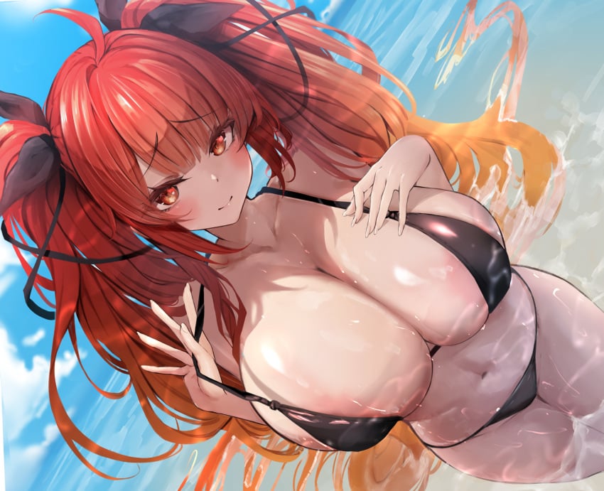 azur_lane bare_arms bare_shoulders bikini black_bikini black_ribbon blush breasts cleavage closed_mouth commentary female hair_between_eyes hair_ribbon hand_on_own_chest highres honolulu_(azur_lane) honolulu_(summer_accident?!)_(azur_lane) huge_breasts long_hair looking_at_viewer navel ocean raru_(nanaharararu) red_eyes red_hair ribbon sidelocks smile solo stomach swimsuit twintails