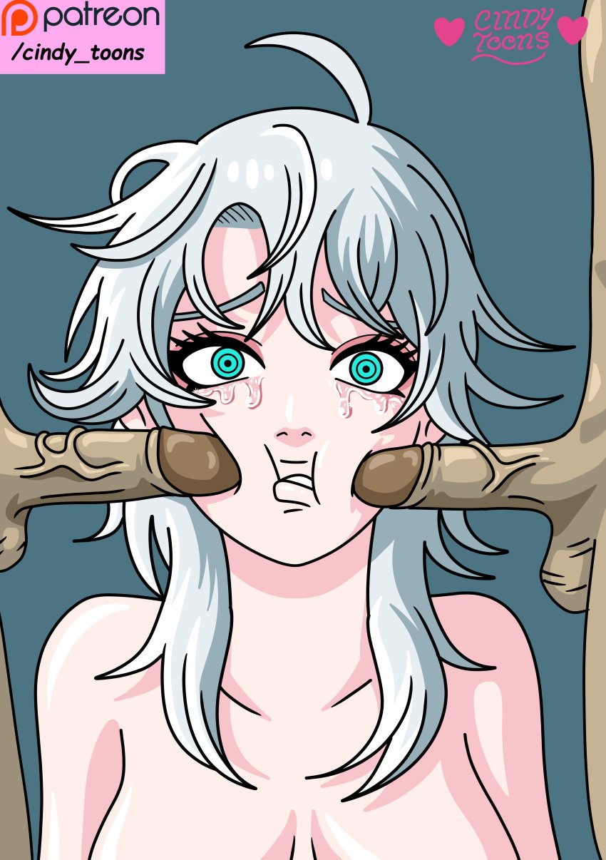 1girl2boys 2boys 2boys1girl blue_eyes breast breasts breasts_out chainsaw_man cheeks cindy_toons devil_girl dick dick_on_face dick_vein fami_(chainsaw_man) famine female makeup nude nude_female nude_girl penis tears tears_in_eyes veins_on_dick veiny_penis white_hair