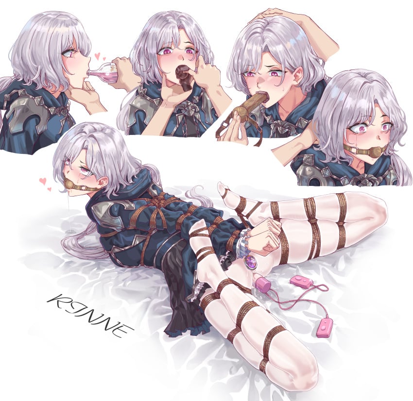 absurdres ahe_gao applying_gag arms_behind_back ball_gag bondage bondage bondage bound bound_arms bound_legs breasts butt_plug character_request cloth_gag dildo dildo_gag dress egg_vibrator female frogtie full_body gag gagged grey_hair highres improvised_gag jewel_butt_plug leveen long_hair lying medium_breasts multiple_views on_stomach orgasm original pantyhose pink_eyes pleated_dress sex_toy shibari_over_clothes skindentation vibrator white_dress white_pantyhose