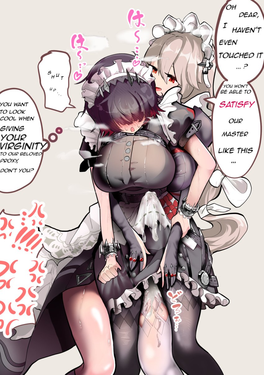 1futa 1girls 2d after_orgasm alexandrina_sebastiane big_breasts black_hair blush boner breasts bulge clothed clothing cum cum_on_clothes cum_on_leg cum_on_lower_body cum_on_self cum_through_clothes cumshot dress ejaculation ellen_joe erection_under_clothes female from_behind fully_clothed futanari gloves heart heart_symbol human intersex japanese_text large_breasts legs light-skinned_female light-skinned_futanari light_skin long_hair maid maid_headdress maid_uniform open_mouth precum precum_drip precum_through_clothing premature_ejaculation premature_ejaculation_shaming red_eyes senkohu_(nushinushi) short_hair steam sweat tenting thighs tights zenless_zone_zero