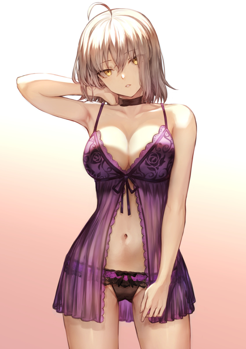 1girls babydoll breasts choker cleavage fate/grand_order fate_(series) female female_only jeanne_alter lace-trimmed_panties large_breasts lingerie looking_at_viewer mashu_003 panties pointy_chin purple_lingerie tagme underwear white_hair yellow_eyes