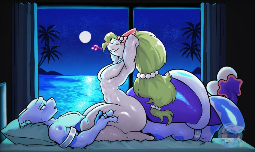 abs anthro beach couple cowgirl_position evening femboy gamefreak gay girly leaky_emmet male male/male mewtwo moon night nintendo ocean pokemon pokemon_(species) primarina romantic romantic_couple sea sex shiny_pokemon tail tail_wrap