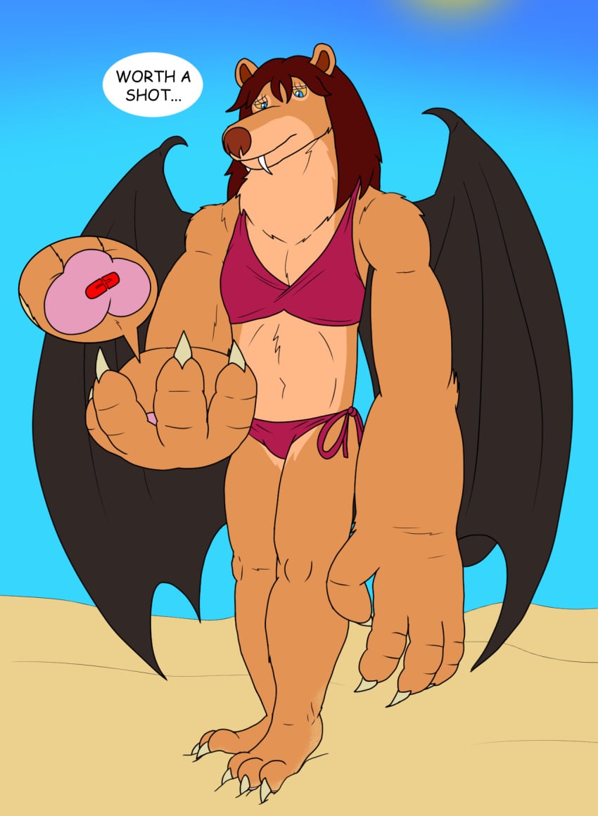 alythewolfcat anthro beach big_hands bikini bikini_bottom bikini_top clothing drugs english_text fangs felid female growth_drive hi_res huge_hands iranian_mythology lion mammal manticore middle_eastern_mythology mythology pantherine paws pills sand scorpion_tail skinny swimwear teeth text two-piece_swimsuit wings